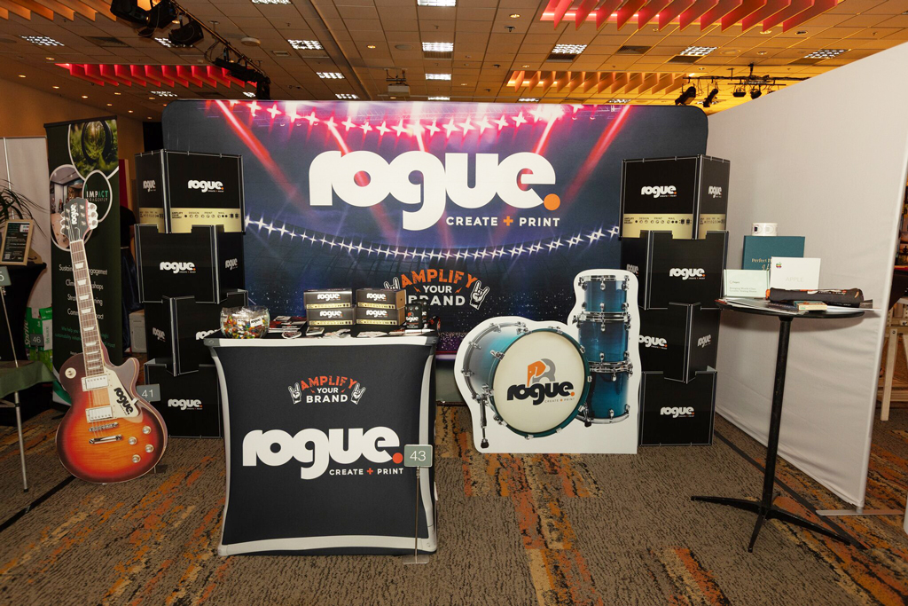 Rogue Print Showcase Booth Assembled Media Wall Podium Stacks
