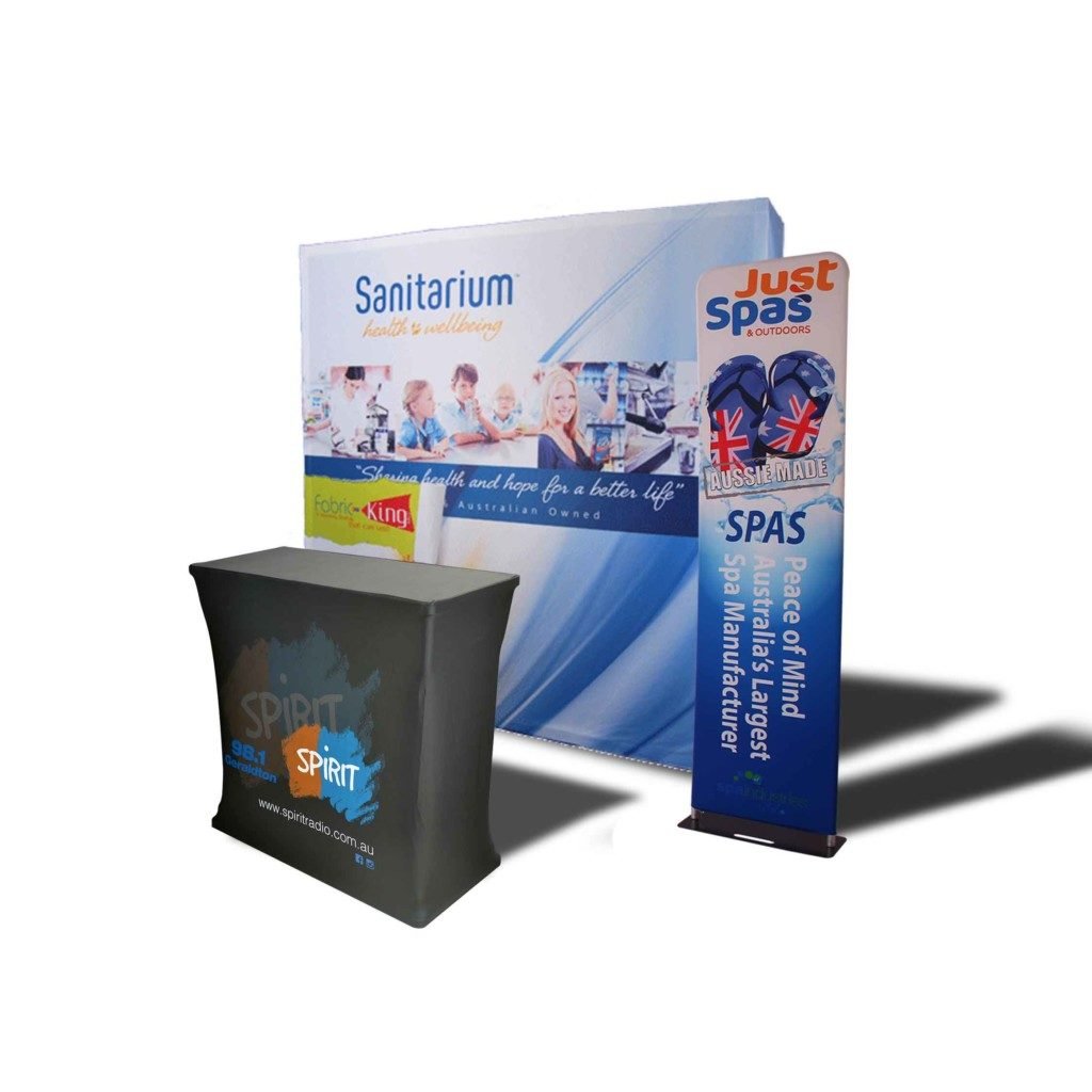 Exhibition Display Kit with back wall, one large banners and counter