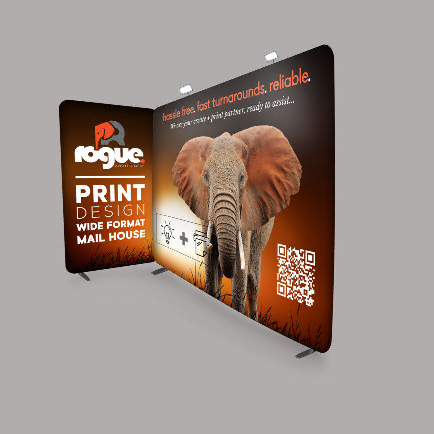 Stretch Fabric Media Wall - assembled into two panels for an exhibition or trade display. Designed by Rogue.