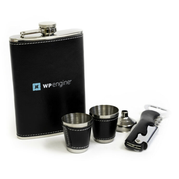 Rogue Create Print Promotional Merchandise Printed Hipflask leather with shot glass jigger and bottle opener