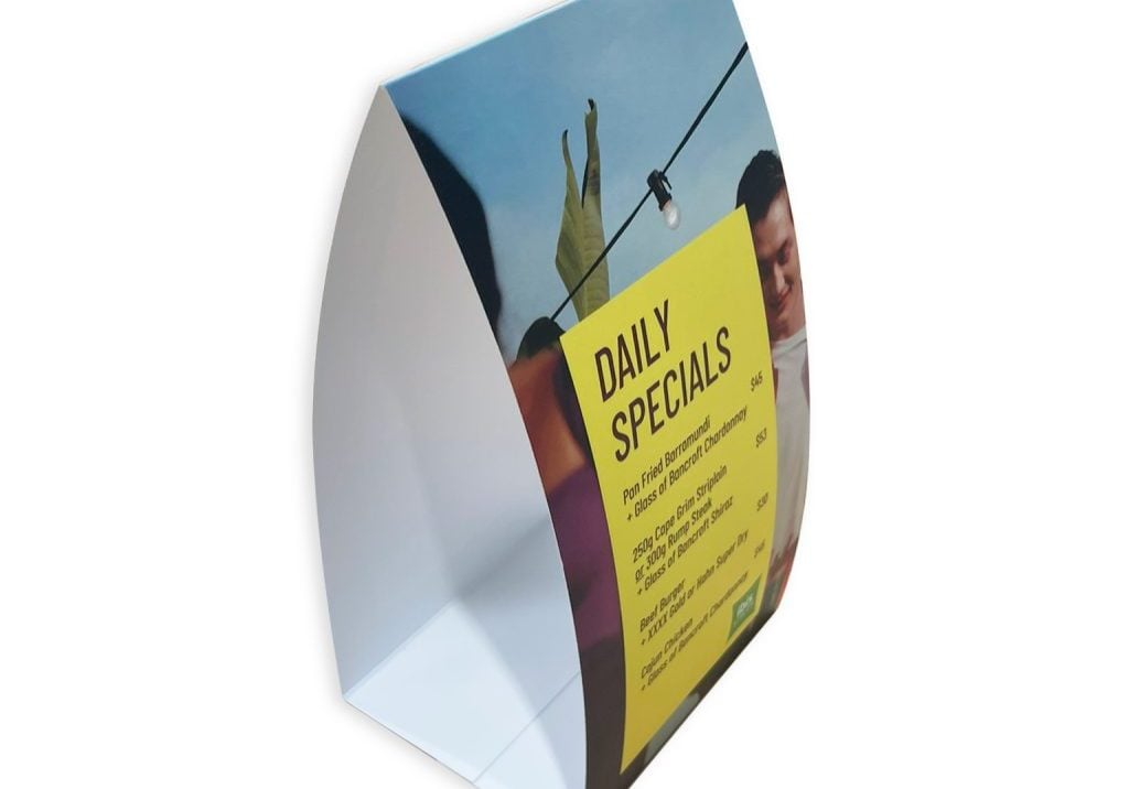 Tent Card 100mmw X 230mmh Double Sided On 300gsm Gloss Cello