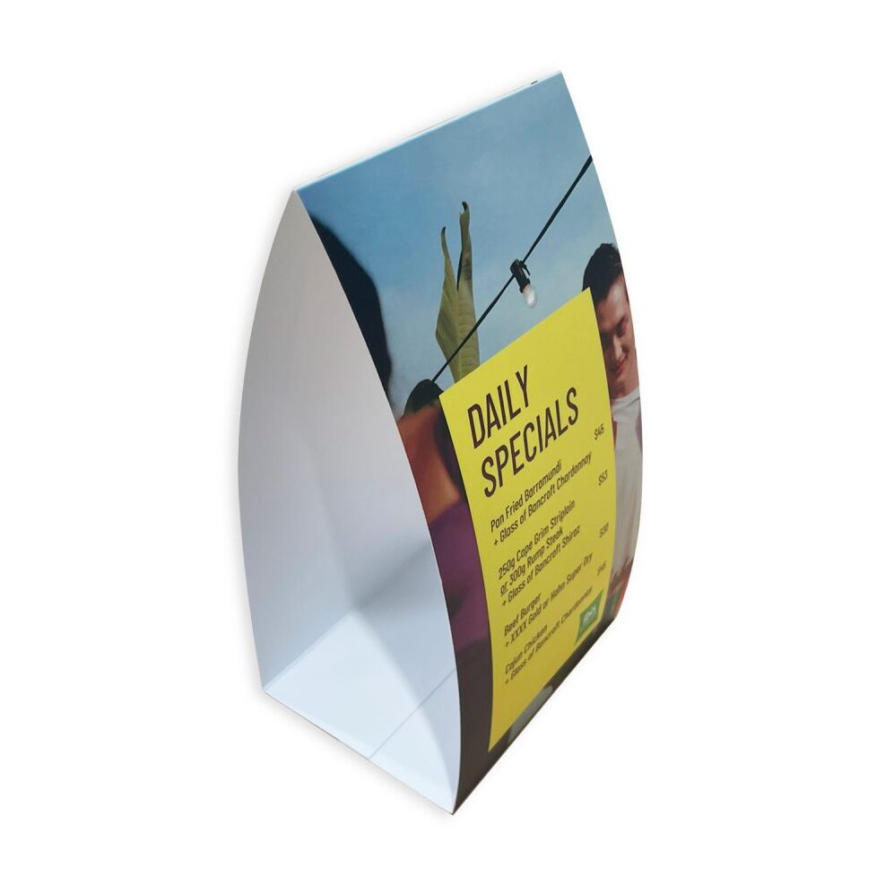 Tent Card 100mmw X 230mmh Double Sided On 300gsm Gloss Cello